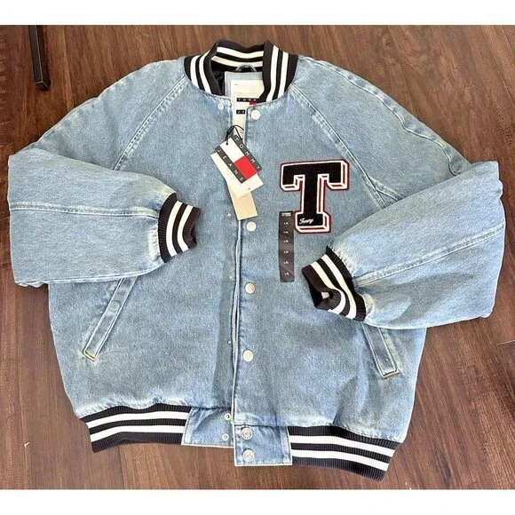 Tommy Jeans Women's Denim Snap-Front Cotton Letterman Jacket Blue Jean L - Picture 7 of 12